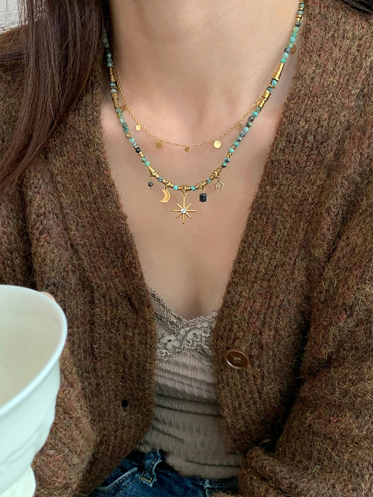 Peri'sbox New Multi-layer Acrylic Beaded Star Moon Starburst Charm Necklace for Women Bohemian Fashion Girl Summer Jewelry Gifts
