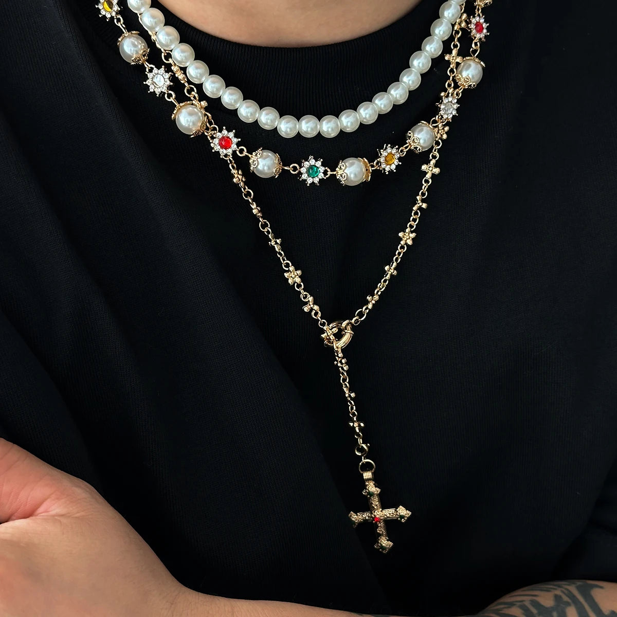 SHIXIN 3 Pcs Trendy Imitation Pearl Rhinestone Flower Long Tassel Necklace for Men Vintage Cross Pendant Necklace Neck Jewelry