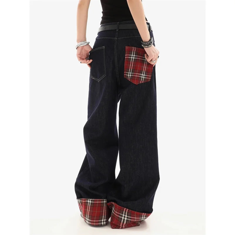 American Blue Vintage High Waist Pants Women's Casual Baggy Y2K Straight Jeans Wide Leg Grunge Street Pockets Denim Trouser