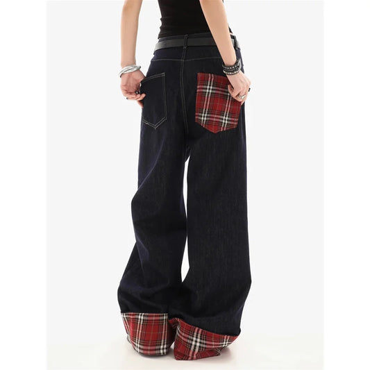 American Blue Vintage High Waist Pants Women's Casual Baggy Y2K Straight Jeans Wide Leg Grunge Street Pockets Denim Trouser