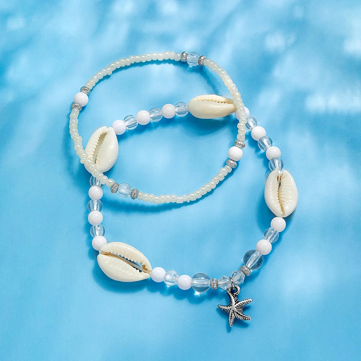 2-piece vacation ocean style alloy starfish pendant with colorful jelly beaded double layered women's anklet