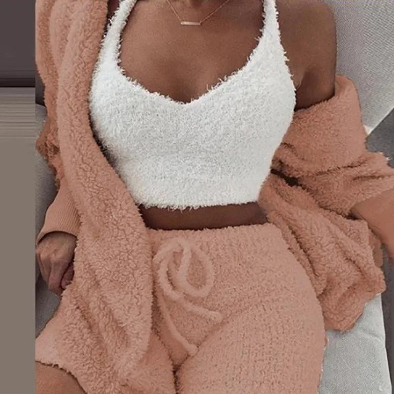 Plush Home Fluffy Pajamas Suit Women's Casual Pajamas Vest Shorts Plus Size Hoodie Casual Jumpsuit Winter Three-piece Pajamas