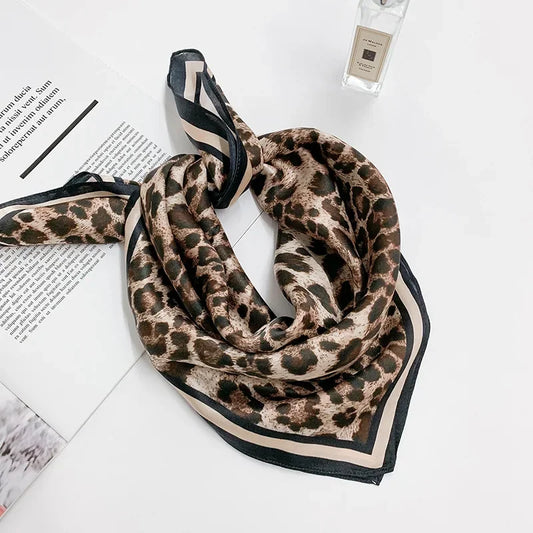 New 100% Real Silk Scarf For Woman Vintage Leopard Head Hair Scarfs Small Square Bandana Femme Office Neckerchief SD0201