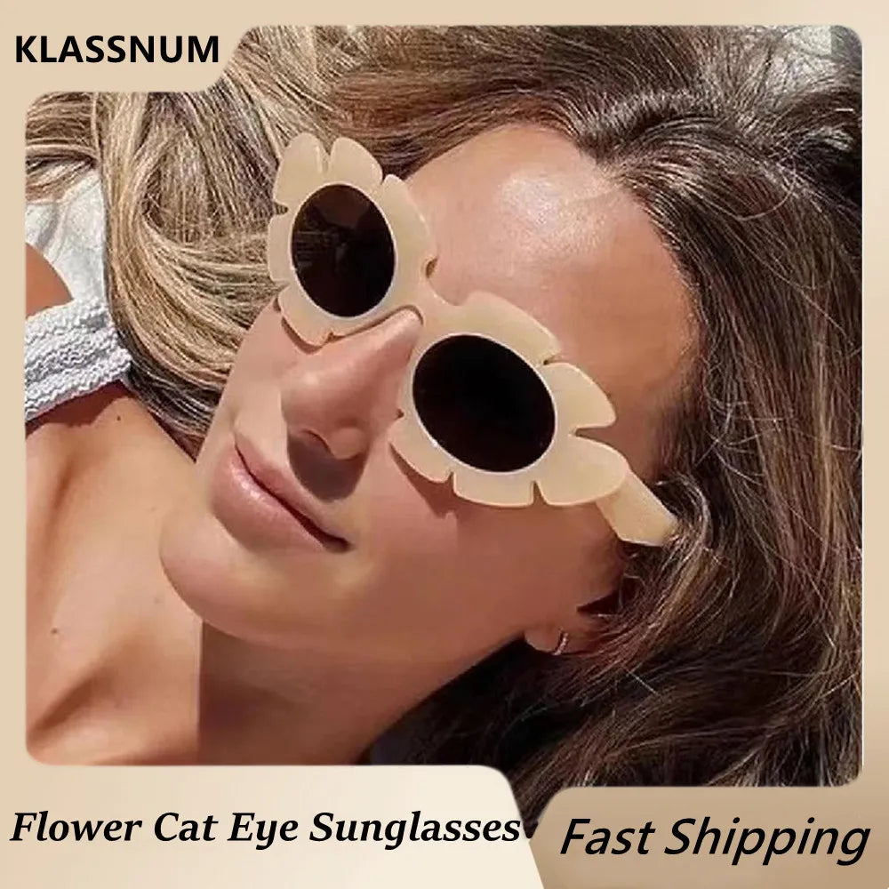 KLASSNUM Fashion Cat Eye Candy Colors Sunglasses Women Retro Brand Designer Flower Shape Eyewear Men Trending Sun Glasses UV400