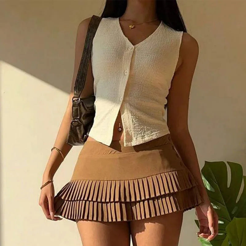 Summer Women Single Breasted V-Neck Tank Tops Solid Color Female Sexy Sleeveless Cropped Top Casual Vests Ladies Slim Camisole