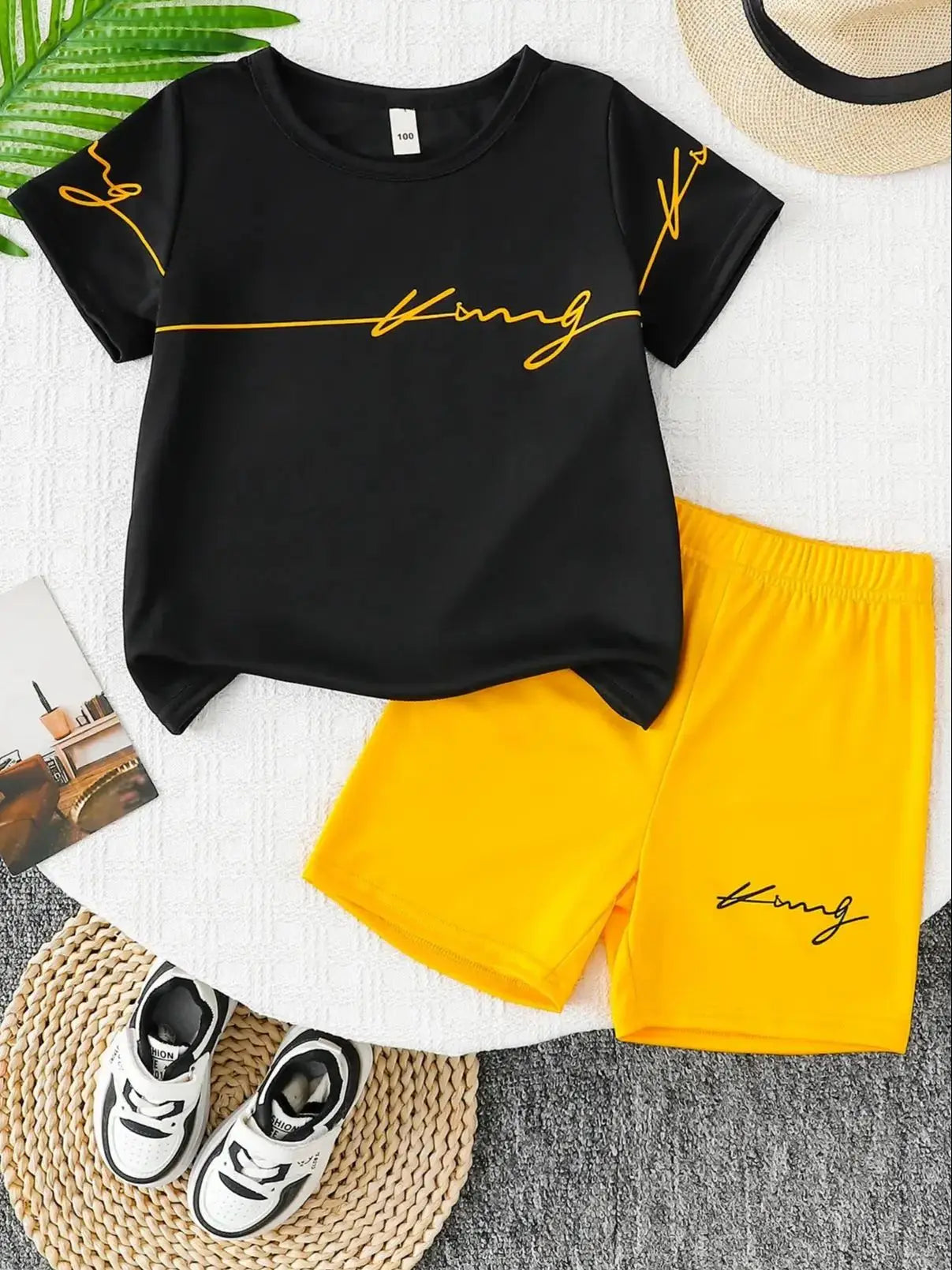 Boys shorts set black letter printed T-shirt top & yellow elastic waist shorts children's summer vacation lightweight, comfortab