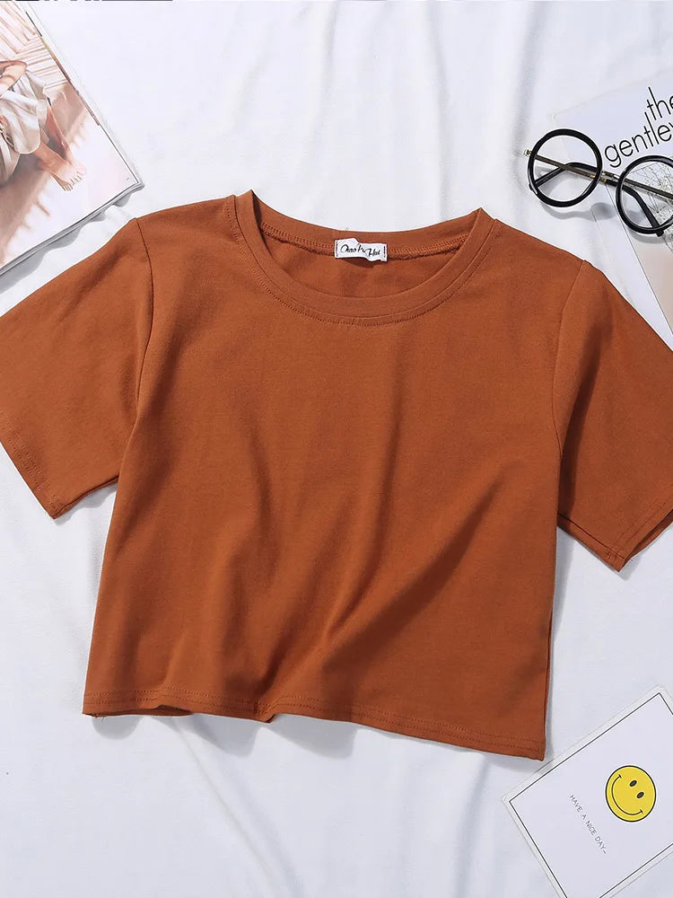 Summer Short Sleeve T Shirts Women Cotton Solid T-shirt O Neck High Waist Crop Top Tee Female Casual Loose T Shirt