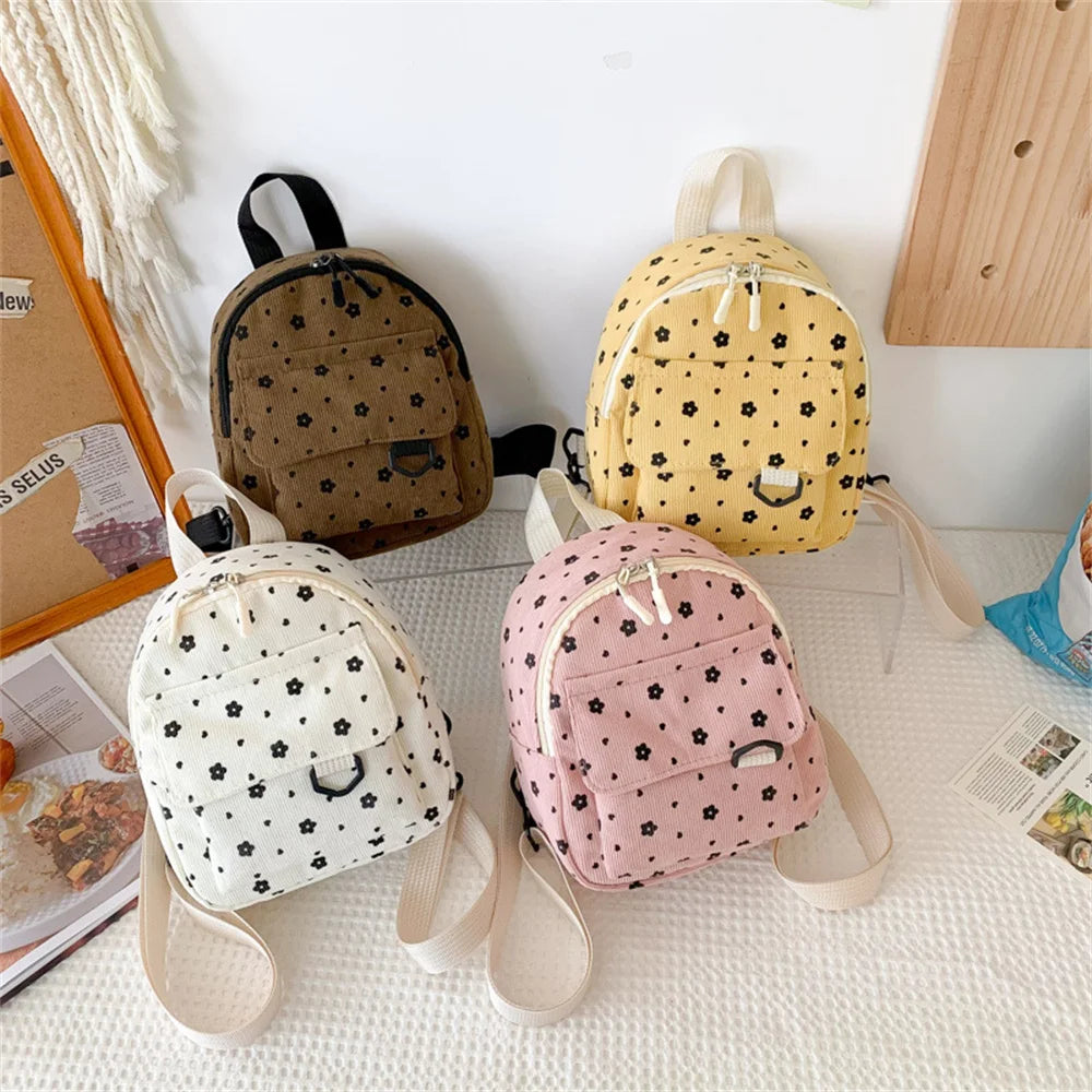 Cute Small Flowers Corduroy Mini Backpack Women's Lightweight Backpacks Large Capacity Travel Rucksack Student School Baskpack
