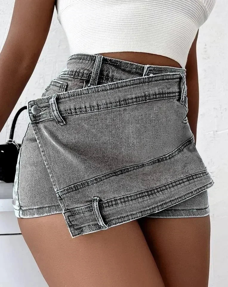 Women Fashion Denim Mini Skort Rave Street Wrap Stretch Irregular A-Line Skinny Cargo Jean Shorts Mujer