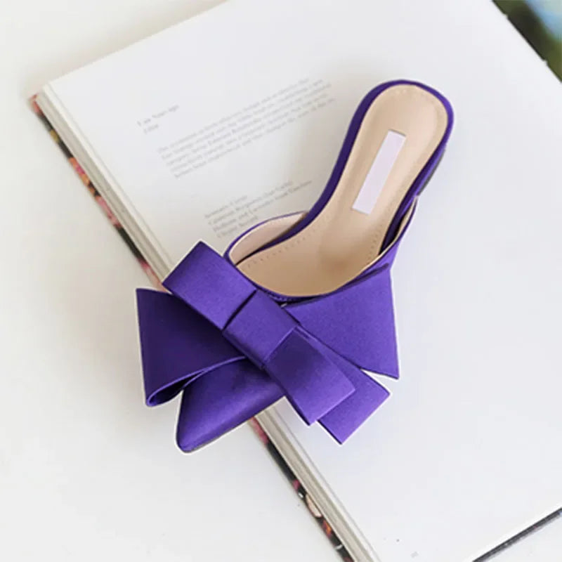 2024 Spring and Summer Women's Shoes Korean Silk Satin Pointed Bow Tie Slippers Baotou Flat Heel Sets Semi Slippers
