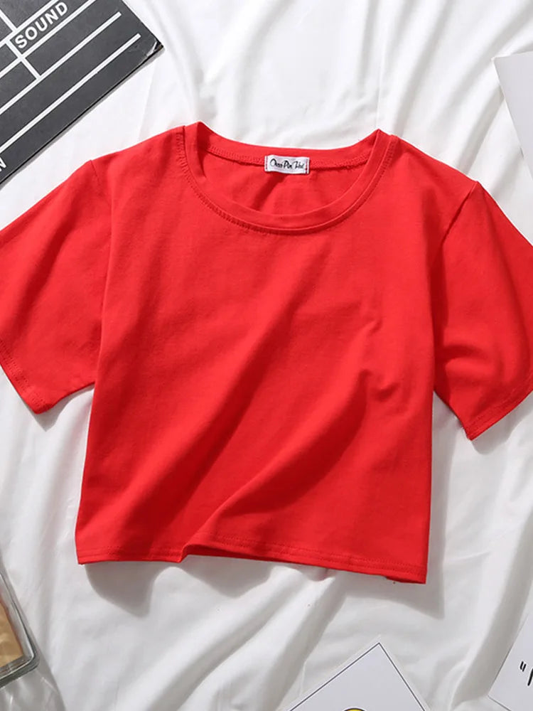 Summer Short Sleeve T Shirts Women Cotton Solid T-shirt O Neck High Waist Crop Top Tee Female Casual Loose T Shirt