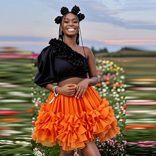Orange Ruffles Short  Skirts Women Wedding Party  Formal Wear  Lady  Elastic Waist  Above Knee  Orange  Skirt