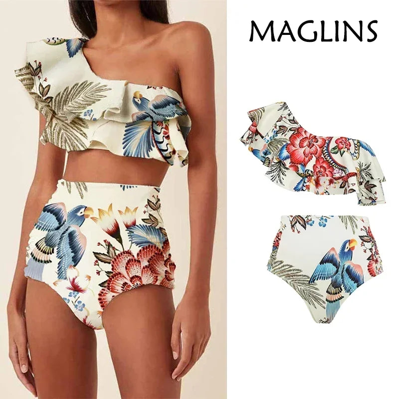 Bikini Women's Printed Ruffle Swimsuit One Shoulder Slash Breasted Bikini Two Piece High Waisted Tummy Tuck Beachwear New