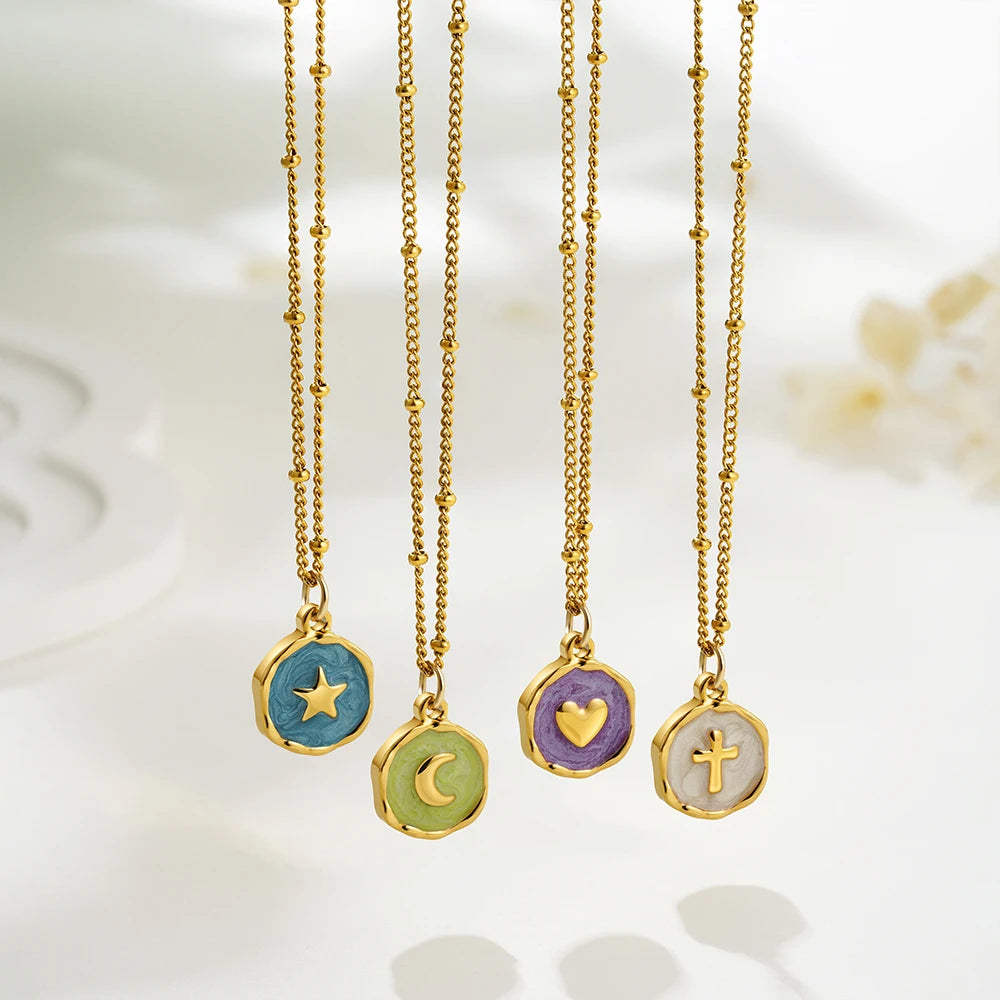 Punk Geometric Irregular Enamel Colorful Natural Stone Pendant Necklace for Women Stainless Steel Cross Heart Opal Choker Gifts