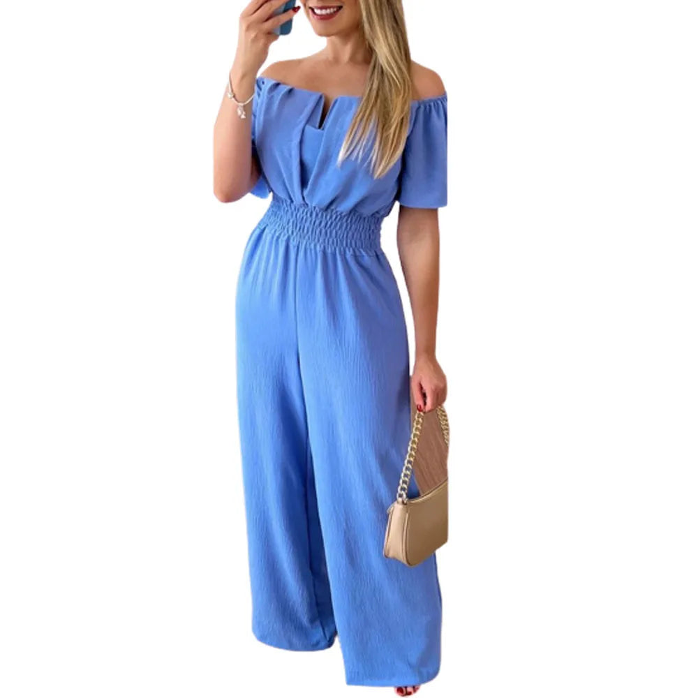 Lady Print High Waist Jumpsuit Sexy Off Shoulder Short Sleeve Wide Leg Pants Jumpsuits Women Fashion Casual Summer Women Clothes