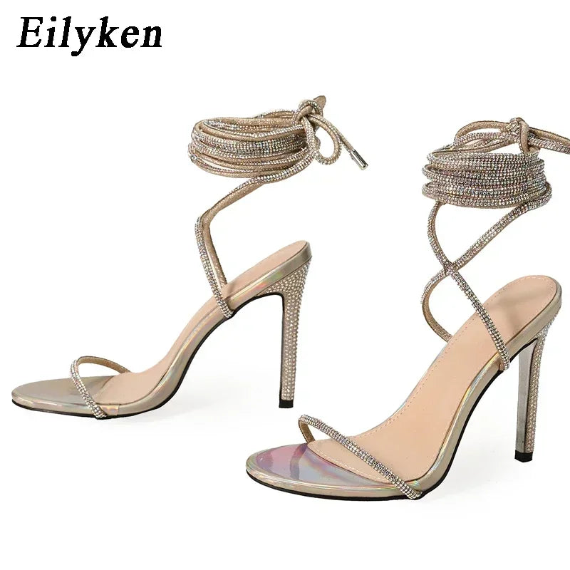 Eilyken Crystal Diamond Ankle Cross Strap Lace-Up Womens Sandals Sexy Thin High Heels Shoes Fashion Party Stripper Ladies Pumps