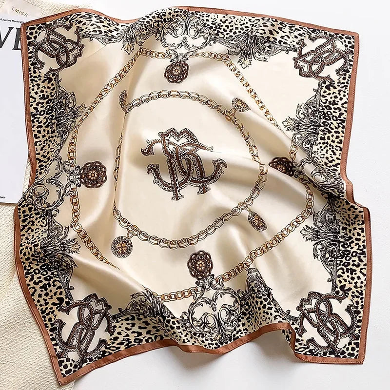 New 100% Real Silk Scarf For Woman Vintage Leopard Head Hair Scarfs Small Square Bandana Femme Office Neckerchief SD0201