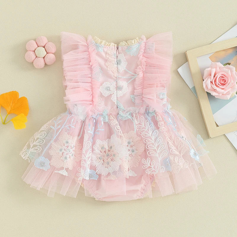 FOCUSNORM 0-24M Newborn Baby Girls Princess Romper Dress Fly Sleeve Flower Embroidery Mesh Tulle Patchwork Jumpsuits