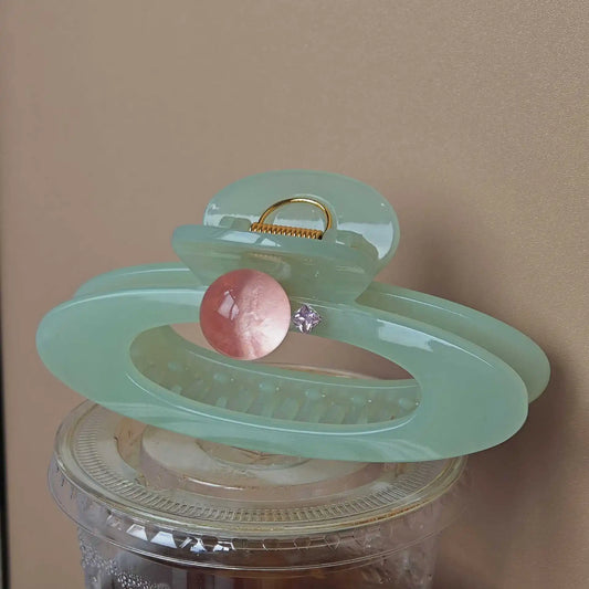 muweordy Mint green oval Hollow Out Hair Claw Clip with Pink Round Bead creative Planet Shape hair clips Sweet Hair Accessories