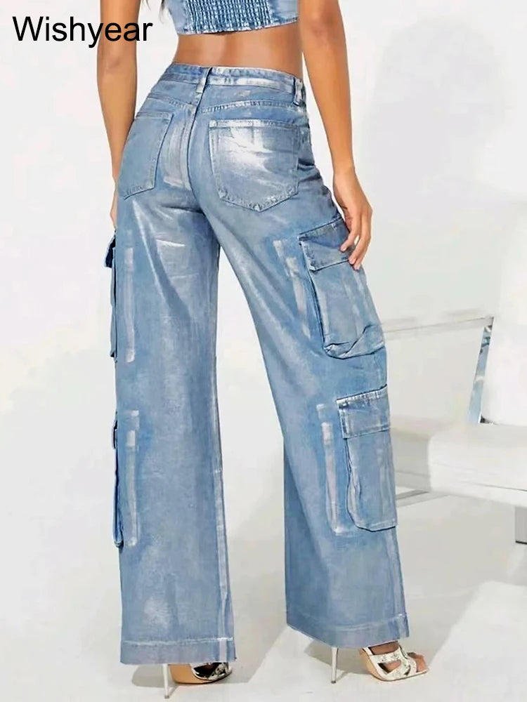Hot Silver Stretch Denim Cargo Pants Women High Waist Streetwear Hip Hop Trousers Female Big Pockets Baggy Jeans Sweatpants y2k