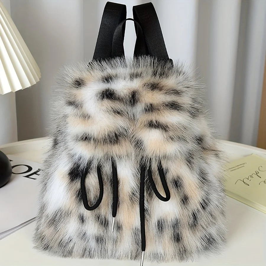 Women's Plush Faux Fur Backpack with Adjustable Drawstring Closure Daypack for Casual Formal Use Mini Backpack Soft Texture Bag
