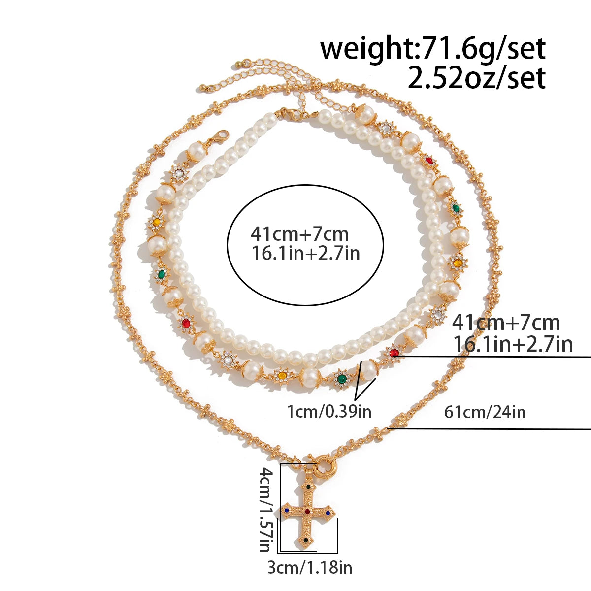 SHIXIN 3 Pcs Trendy Imitation Pearl Rhinestone Flower Long Tassel Necklace for Men Vintage Cross Pendant Necklace Neck Jewelry