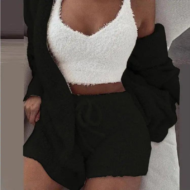 Plush Home Fluffy Pajamas Suit Women's Casual Pajamas Vest Shorts Plus Size Hoodie Casual Jumpsuit Winter Three-piece Pajamas
