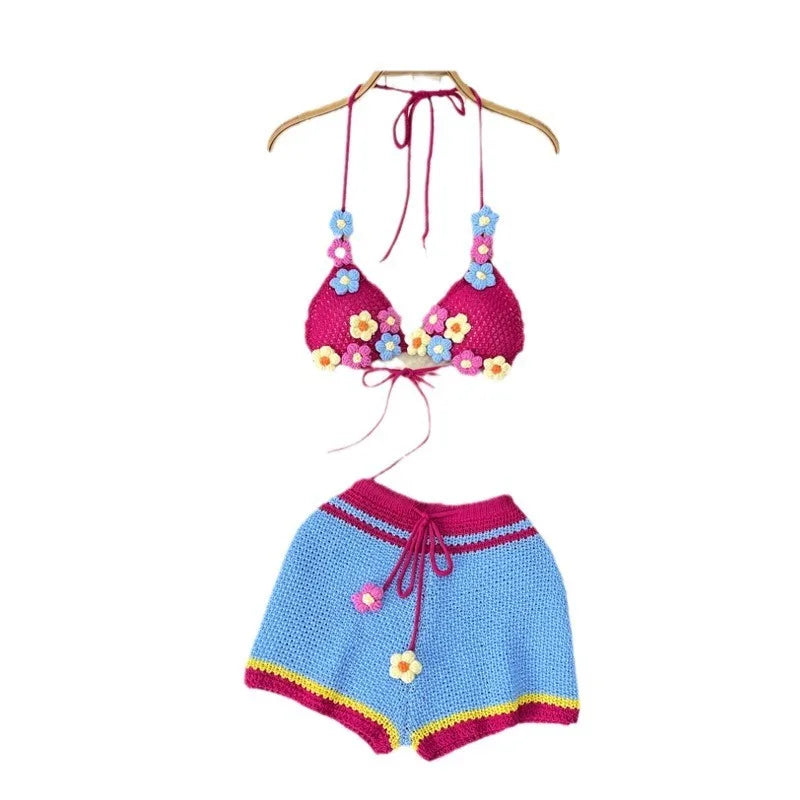 Summer Shorts Sets Women Girl Holiday Beach Bikini Knitted Crochet Flower Halter Camisole with Shorts Women Sexy Two Piece Sets