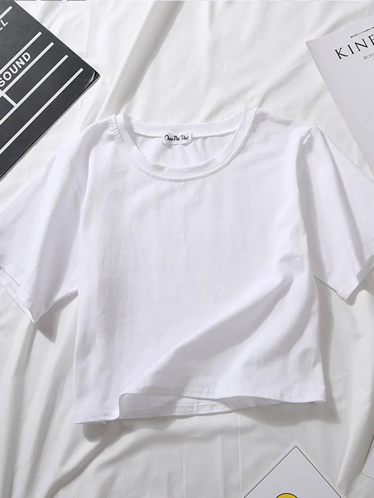 Summer Short Sleeve T Shirts Women Cotton Solid T-shirt O Neck High Waist Crop Top Tee Female Casual Loose T Shirt