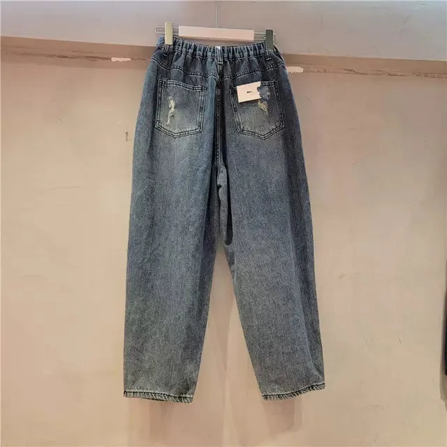Fashion Women's Spring Embroidery Diamond Bead Hole Jeans High Waist Loose Crystal Stone Jeans Denim Ripped Pants