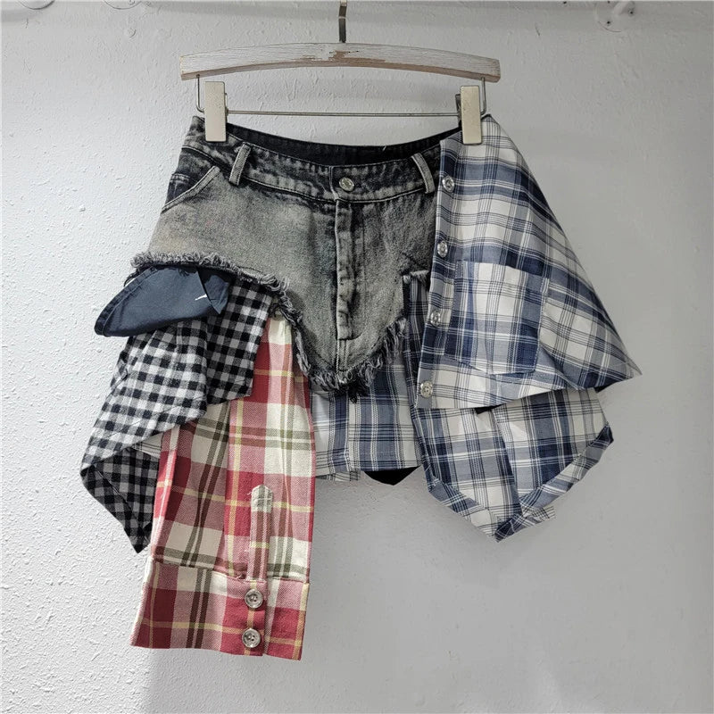DEAT Fashion Women's Plaid Skirt Denim Spliced Tassel Irregular Hem A-line Patchwork Slim Skirts Summer 2024 New Tide 29L7797