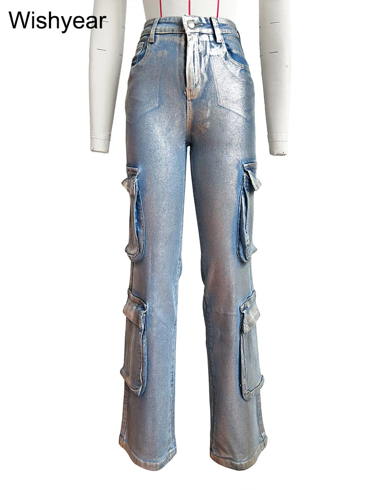 Hot Silver Stretch Denim Cargo Pants Women High Waist Streetwear Hip Hop Trousers Female Big Pockets Baggy Jeans Sweatpants y2k