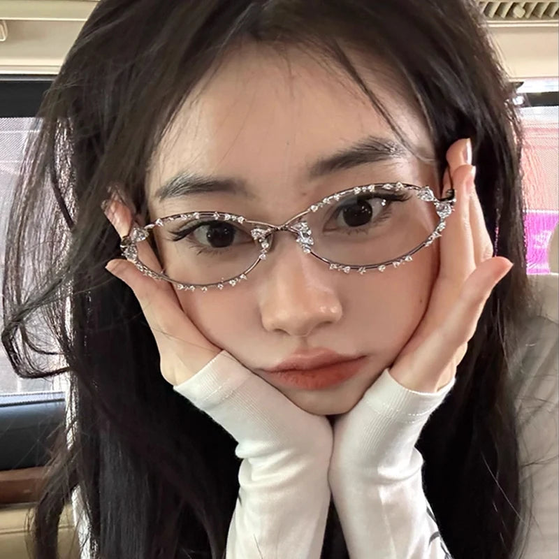 2026 Diamond Studded Bow Oval Frame Glasses Women's Fashion Vintage Transparent Metal Sunglasses Blue Light Blocking Eyeglasses