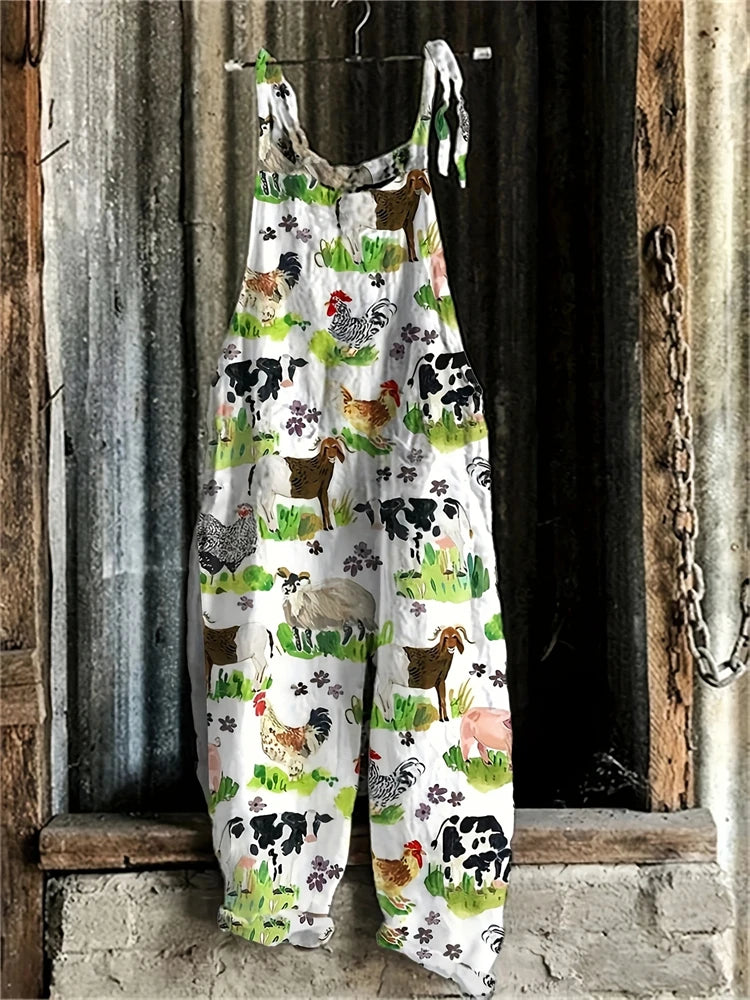2025 Hot Women's Summer Fashion One-piece Suspender Pants Simple Comfortable Home Wide-leg Pants 3D Rooster Printed Work Pants