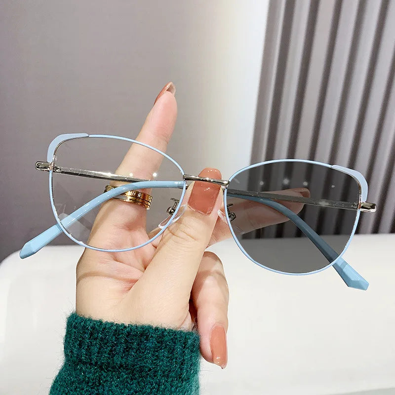 korean Fashion Cat Eye Photochromism Glasses Frame Women INS No Makeup Anti-Blue Plain Glasses Men Decorative Computer Glasses