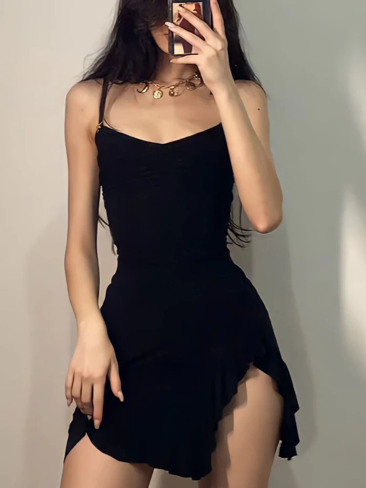 Black Dress Women Mini Elegant Bodycon Backless Hotsweet Summer Party Streetwear Female American Style Vintage Casual Sundress