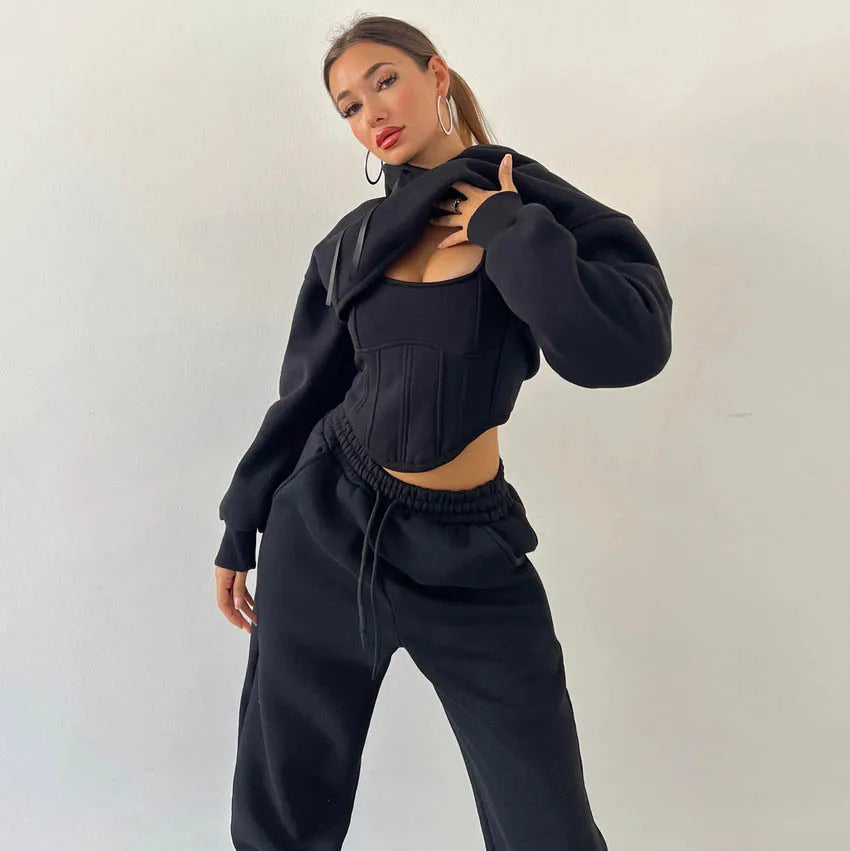 Women's Casual Sweatpants Set Belted Hooded Short Hoodie Corset Three-Piece Autumn Winter Comfortable Polyester plus Size