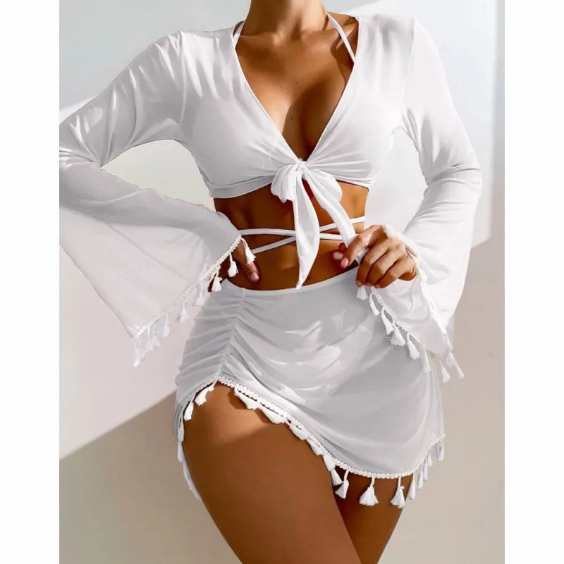 2025 New European and American Conservative Four-piece Set Solid Color Tassel Blouse Mesh Short Skirt Bikini