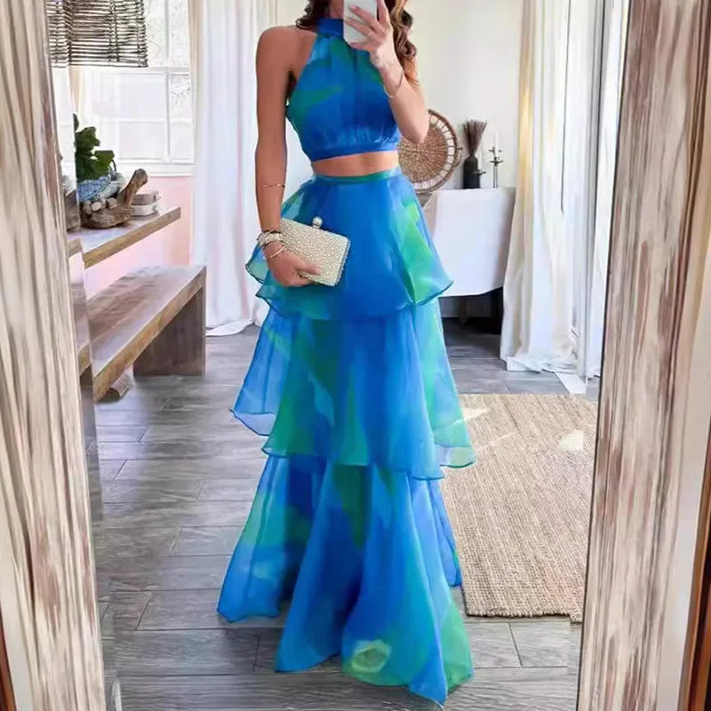 Sleeveless Fashion New Loungewear Skirt Set, Summer Women Hollow Sexy Patchwork Party Suit, Print Stand Collar Elegant 2pc Sets
