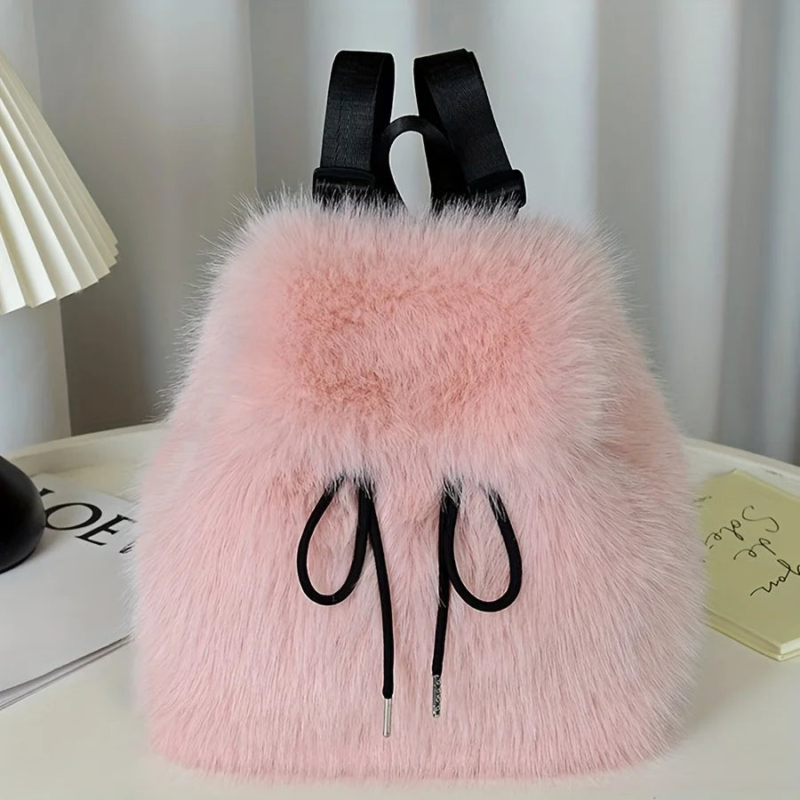 Women's Plush Faux Fur Backpack with Adjustable Drawstring Closure Daypack for Casual Formal Use Mini Backpack Soft Texture Bag