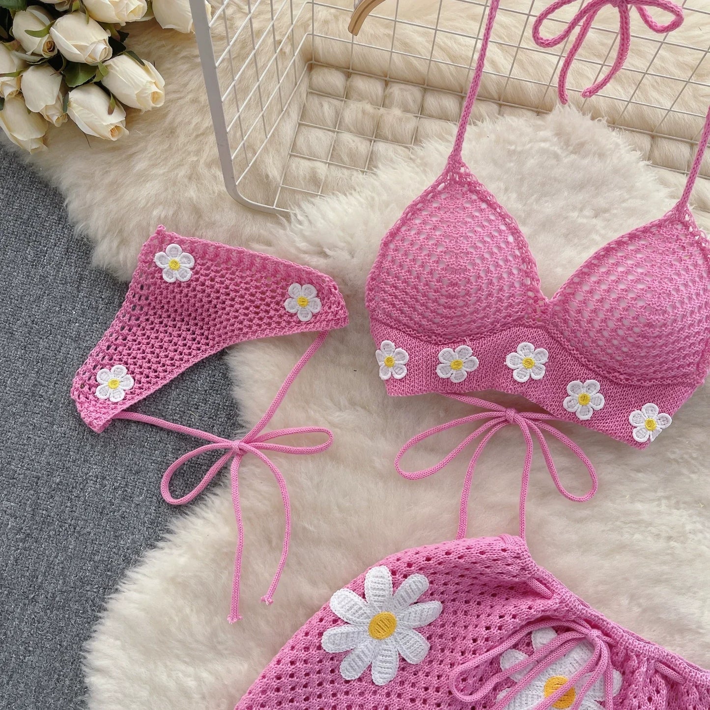 New Summer Hollow Out Knitted Suits Women Halter Lace Up Bow Backless Tank Top+Drawstring Split Mini Skirt Two Pieces Sets