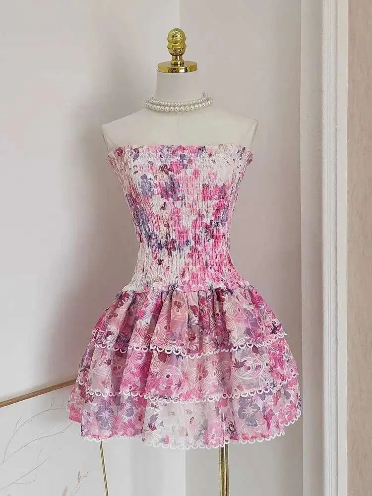 Summer Floral Sundress Holiday Halter Print Corset Short Dress Women Sexy Backless Ruffles Cake Vestidos Mini Flower Beach Robe