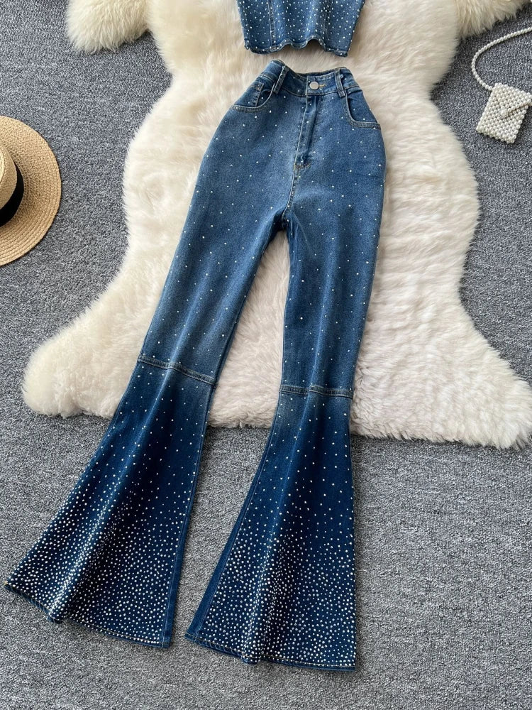 Pant Set Women Denim Two Piece Sets Sexy Matching Sets Sleeveless Short Y2k Tops Long Flare Pants High Waist Slim Hot Diamond
