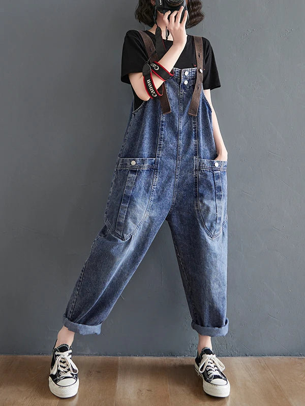 Anti-Aging High Waist Loose Women's Denim Overalls Korean Sle Summer Faion Thinming Harem Nine-Piece Pants