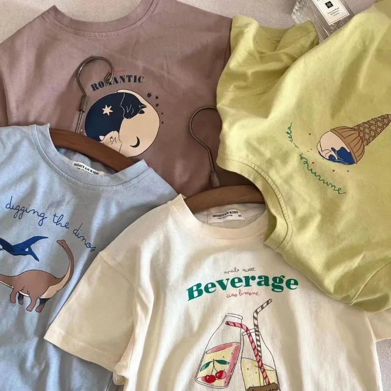 Children's Cotton Short Sleeve Top Cartoon Printed Half Sleeve Summer New Style For Middle Small Kids Kidswear T-shirt