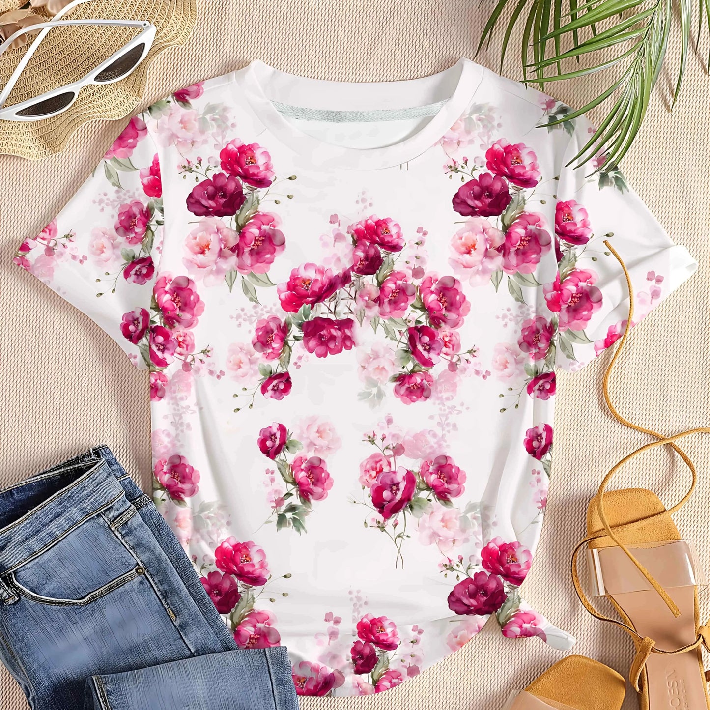 Women's Tee - Red & Pink Floral Pattern Graphic, Elegant Watercolor Garden Design for Casual Daily Wear