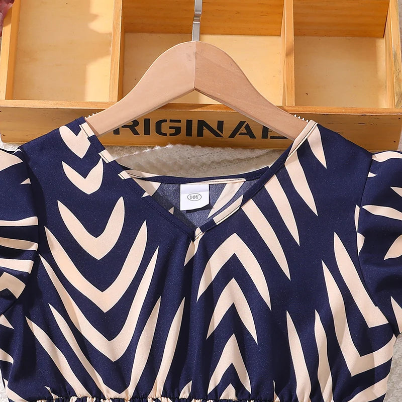 Girls Sleeveless Striped Navy Blue Dress Shirred-Waist Aline Dress Summer Tween Girls Dress Daily Casual Activity Baptism Dress