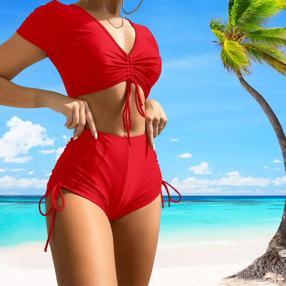 Solid Color Swimwear Stylish Women's Summer Bikini Set with V-neck Short Sleeve Tops High Waist Drawstring Swimming for Beach