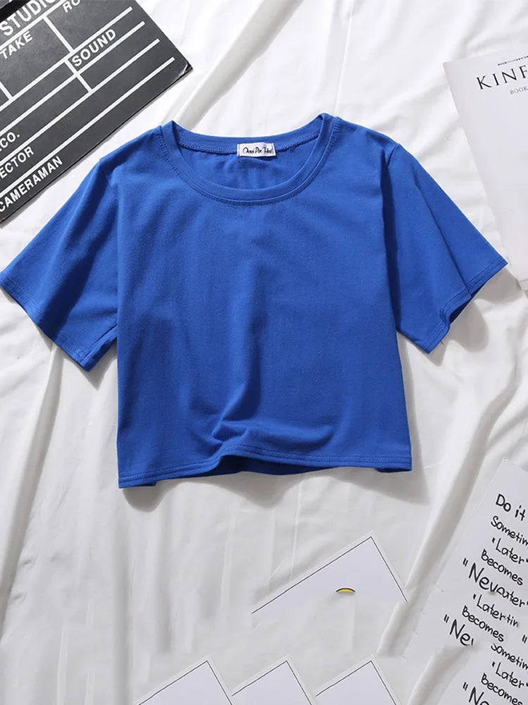 Summer Short Sleeve T Shirts Women Cotton Solid T-shirt O Neck High Waist Crop Top Tee Female Casual Loose T Shirt