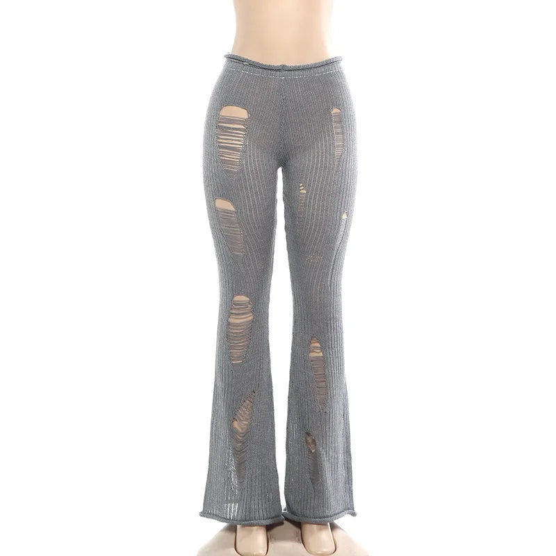 Punk Sle Bell Bot Pants Knitted Wool Slim Fit Hole Design Sexy Girl Streetwear Long Trousers Low Waist for Women And Girls